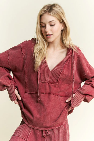Mineral Wash Hoodie Sweatshirt - Burgundy