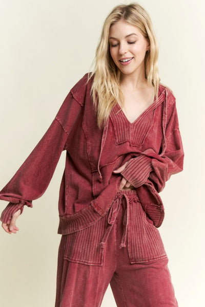 Mineral Wash Hoodie Sweatshirt - Burgundy