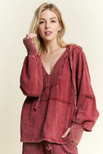 Mineral Wash Hoodie Sweatshirt - Burgundy