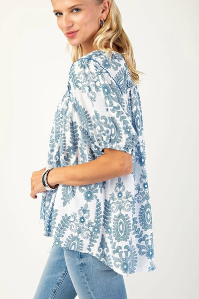Printed Bohemian Top - Blue