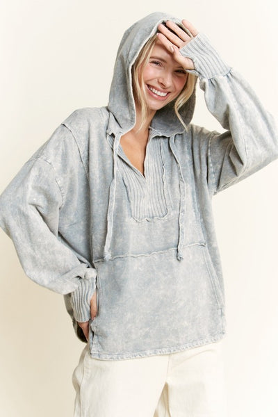 Mineral Washed Hoodie Sweatshirt w/ Thumbholes- Silver Grey