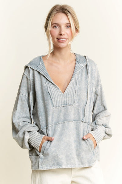 Mineral Washed Hoodie Sweatshirt w/ Thumbholes- Silver Grey