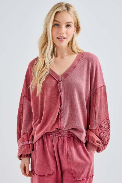 Mineral Washed Doily V-Neck Blouse - Burgundy