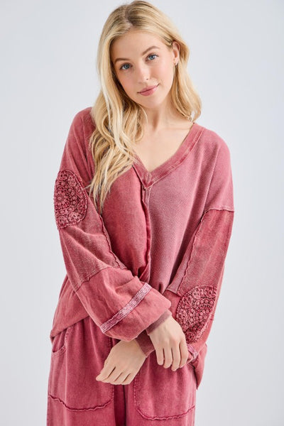 Mineral Washed Doily V-Neck Blouse - Burgundy