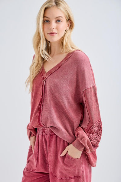 Mineral Washed Doily V-Neck Blouse - Burgundy