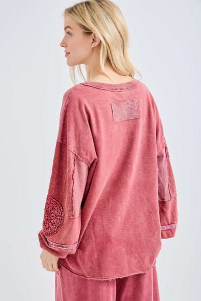 Mineral Washed Doily V-Neck Blouse - Burgundy