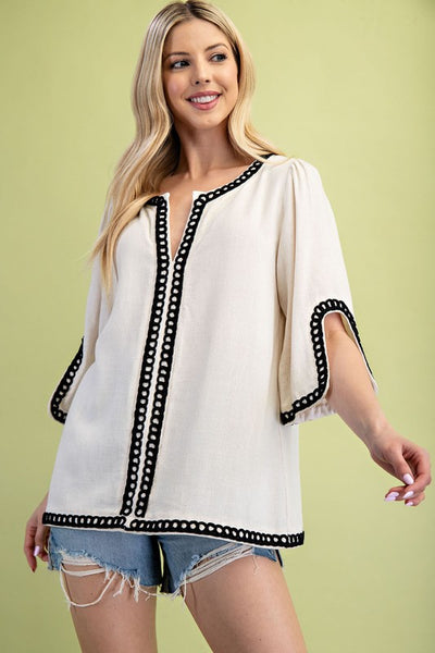 3/4 Sleeve Embroidered Top - Oatmeal