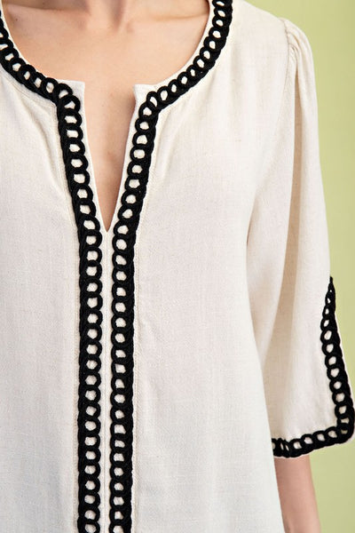 3/4 Sleeve Embroidered Top - Oatmeal