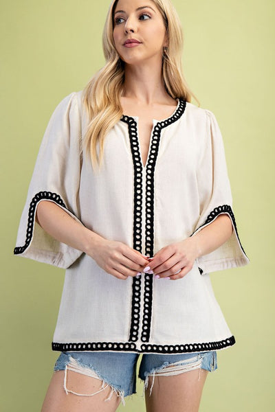 3/4 Sleeve Embroidered Top - Oatmeal