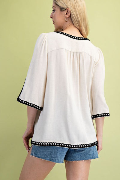 3/4 Sleeve Embroidered Top - Oatmeal