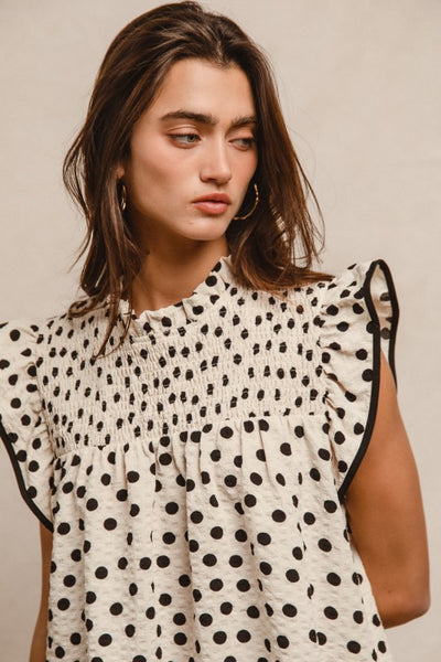 Polka Dot Smocked Top - Oatmeal