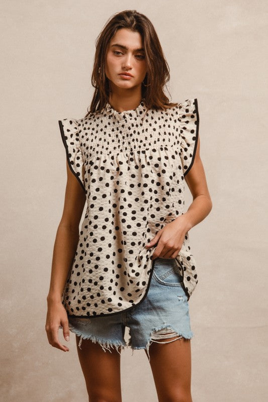 Polka Dot Smocked Top - Oatmeal