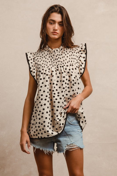 Polka Dot Smocked Top - Oatmeal