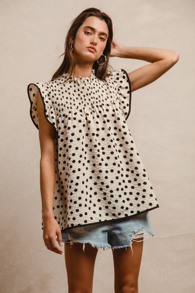 Polka Dot Smocked Top - Oatmeal