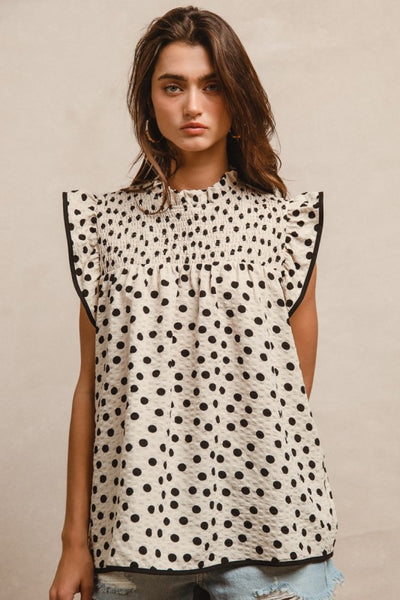 Polka Dot Smocked Top - Oatmeal