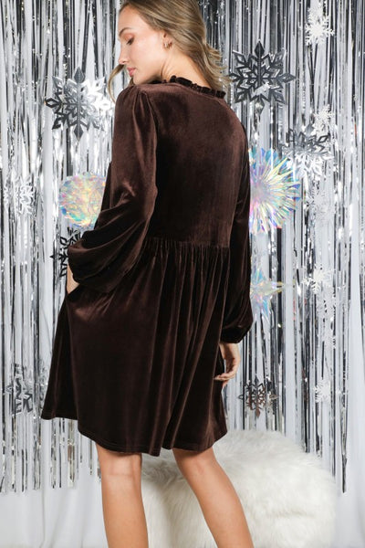 Velvet Babydoll Dress - Brown - SALE