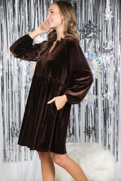 Velvet Babydoll Dress - Brown - SALE