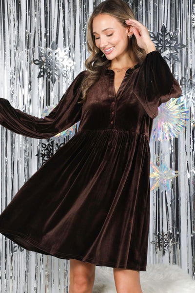 Velvet Babydoll Dress - Brown