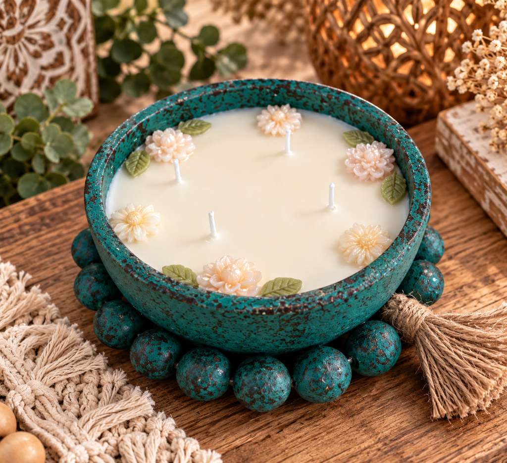 16oz Pottery Soy Candle w Flower Wax Embeds - Turquoise