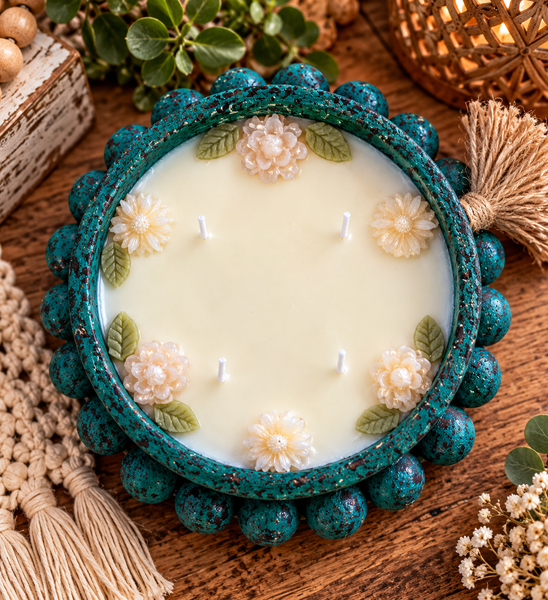 16oz Pottery Soy Candle w Flower Wax Embeds - Turquoise