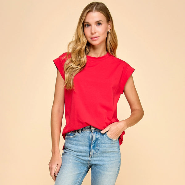 Rolled Sleeve Top - Red
