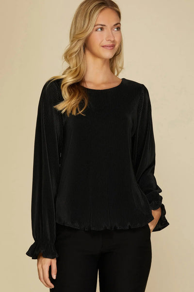 Long Sleeve Pliss Top - Black