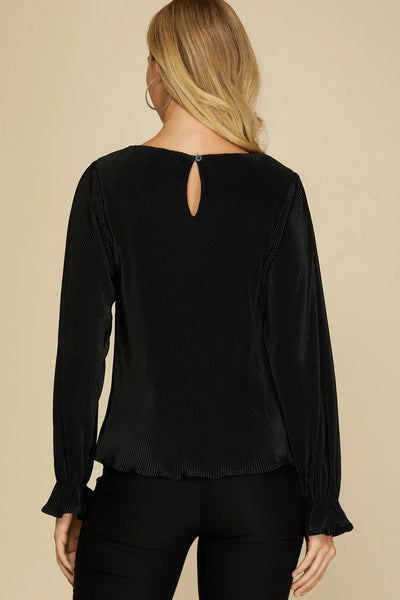 Long Sleeve Pliss Top - Black