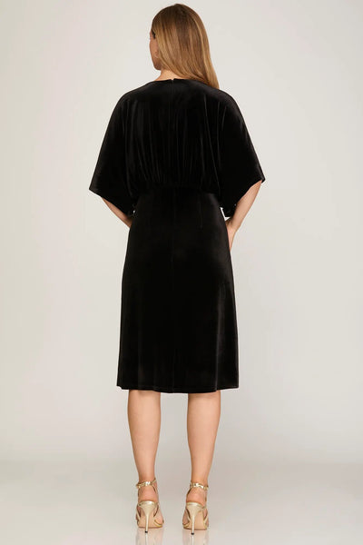 Kimono Sleeve Velvet Midi Dress- Black