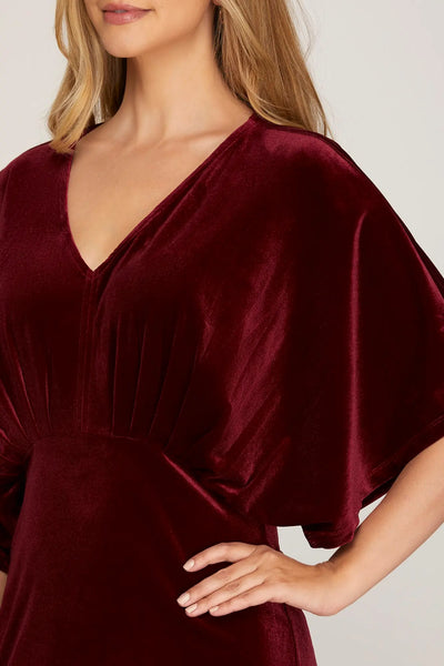 Kimono Sleeve Velvet Midi Dress- Wine - SALE