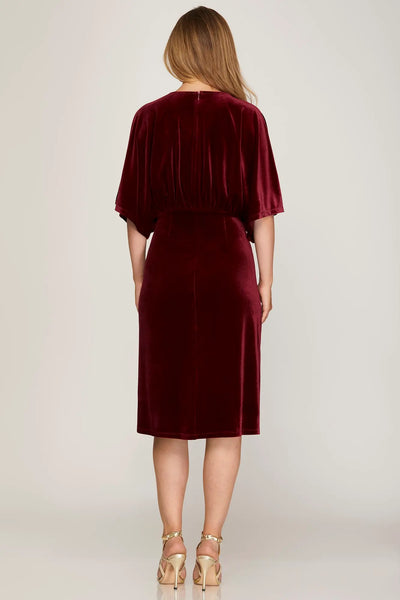 Kimono Sleeve Velvet Midi Dress- Wine - SALE