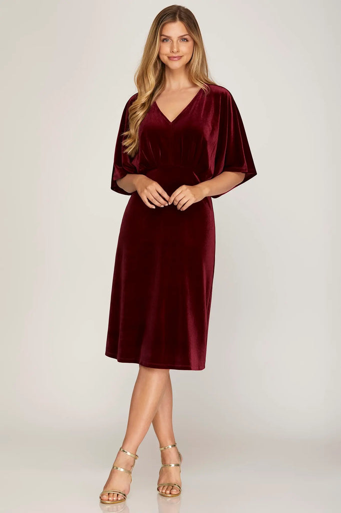 Kimono Sleeve Velvet Midi Dress- Wine - SALE