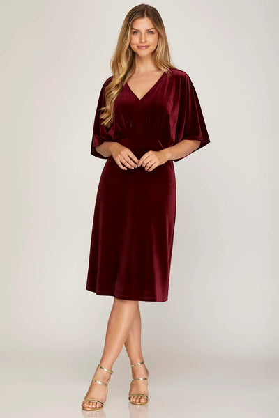 Kimono Sleeve Velvet Midi Dress- Wine