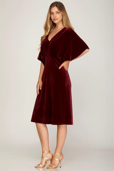 Kimono Sleeve Velvet Midi Dress- Wine - SALE