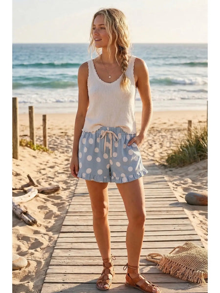 Polka Dot Ruffle Hem Shorts - Dusty Blue/White