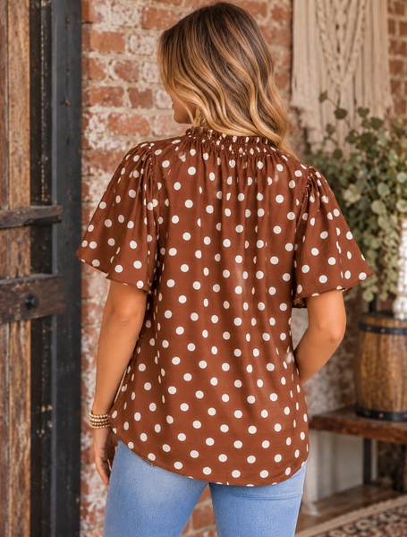 Polka Dot Woven V-Neck Top - Brown