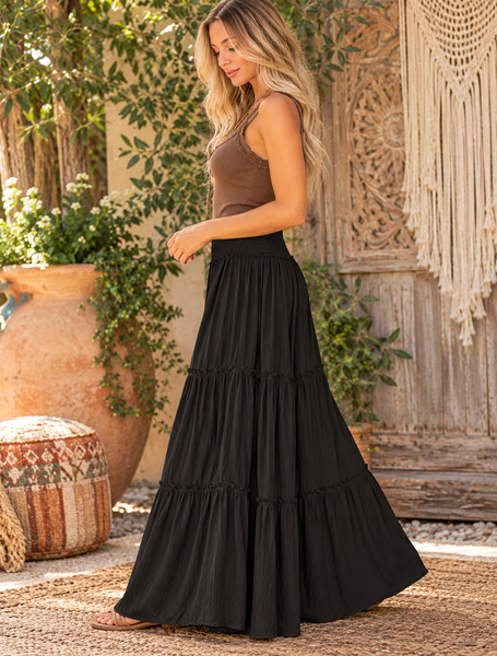 Maxi Tiered Wide Leg Palazzo Pants - Black
