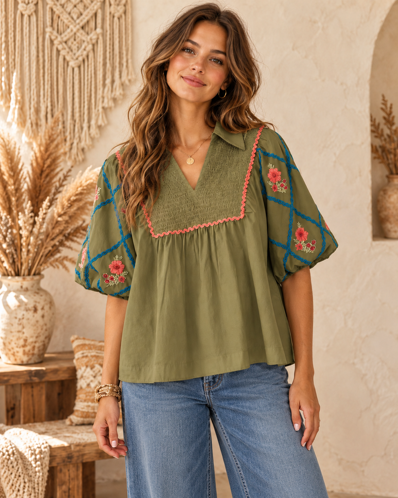 Bohemian Poplin Top - Thyme