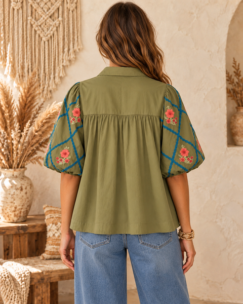 Bohemian Poplin Top - Thyme