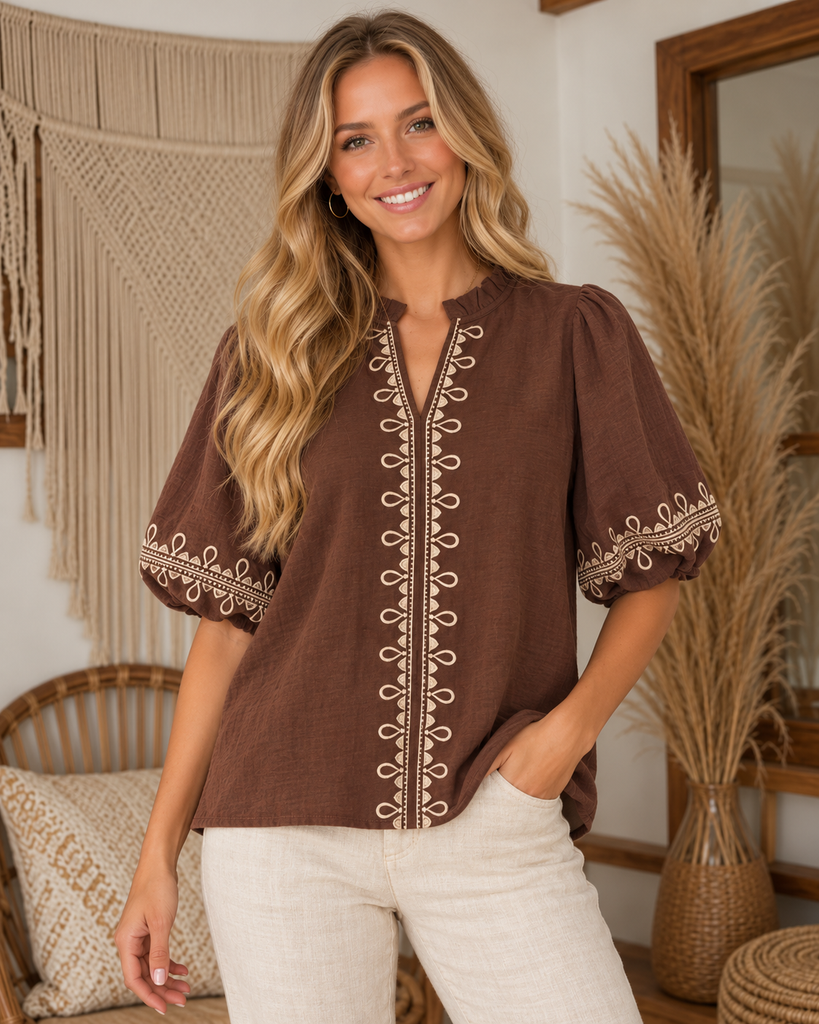 Embroidered Peplum V-Neck Top - Chocolate