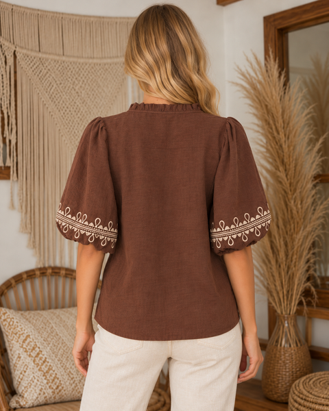 Embroidered Peplum V-Neck Top - Chocolate