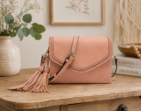 Flap over Crossbody w/ Whipstitch - Apricot