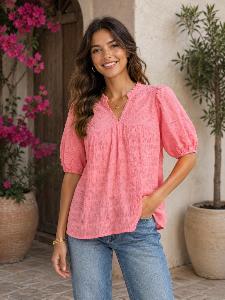 Textured Puff Sleeve Top - Peony