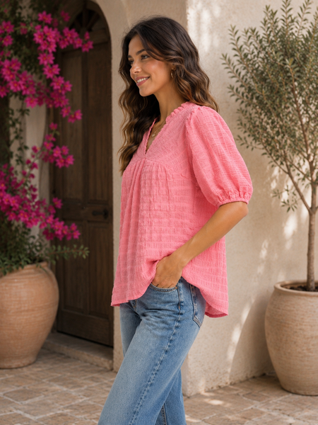 Textured Puff Sleeve Top - Peony