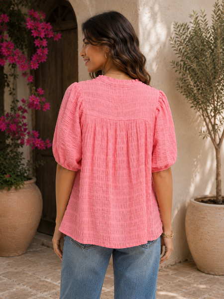 Textured Puff Sleeve Top - Peony