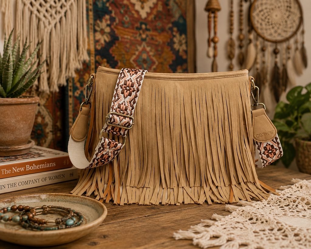 Suede Fringe Crossbody w/ Guitar Strap - Tan