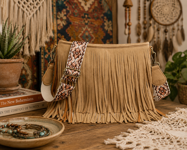Suede Fringe Crossbody w/ Guitar Strap - Tan