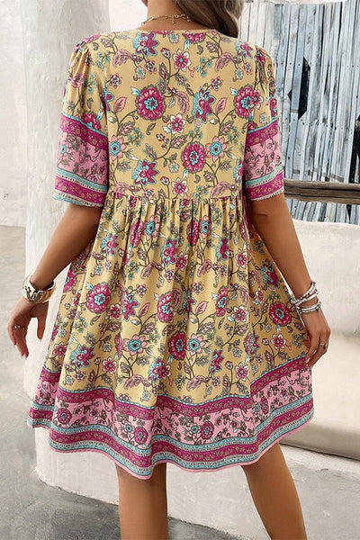 Bohemian Border Print Dress - Beige Multi