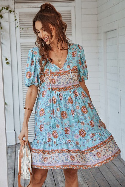 Floral Printed Boho Dress - Blue Native Beach Boutique Floral Printed Boho Dress - Blue Native Beach Boutique