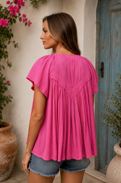 Flutter Sleeve Yoke Blouse - Pink