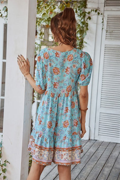 Floral Printed Boho Dress - Blue